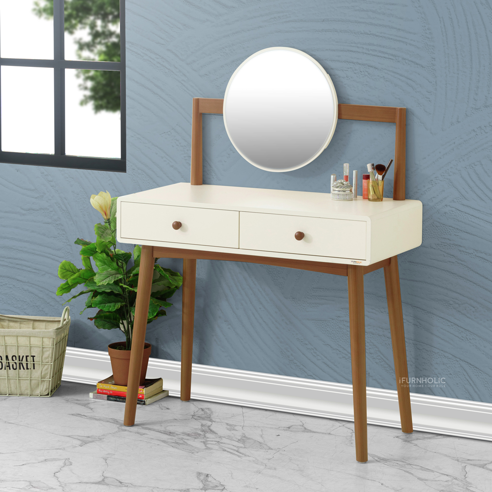 Sara Vanity Table With Round Mirror (Ivory-Brown)